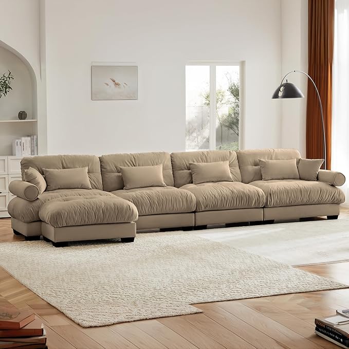 166" Oversized Couch, 4 Seater Sectional Couches for Living Room, Camel Velvet Large L Shaped Fluffy Modular Couch Set with Ottoman