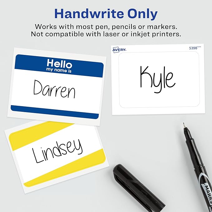 Avery Customizable Name Tags, Hello My Name is, 2-1/3" x 3-3/8", White, Blue Border, Removable Adhesive, Non-Printable, 25 Total (6175)