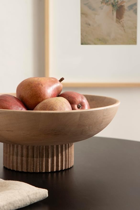 Kate and Laurel Rooks Modern Decorative Ribbed Wood Bowl, 12 Inch Diameter, Light Natural, Transitional Raised Fruit Bowl for Kitchen Counter or Use as Living Room or Entryway Table Decor
