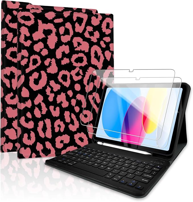 for Bluetooth Keyboard for iPad 10th Gen 10.9 inch (2022) case (A16) 11th / 10th Gen Case 11'' (2025) with 7-Color Backlights Pencil Holder Detachable Rechargeable - Black Cow