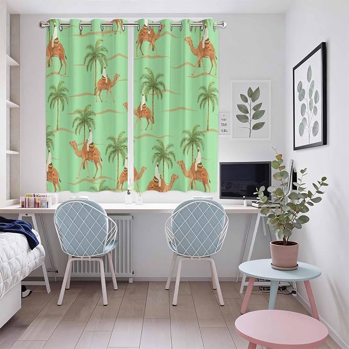 2 Panel Kitchen Cafe Curtains, Desert Camels Sunlight Filtering Nature Air