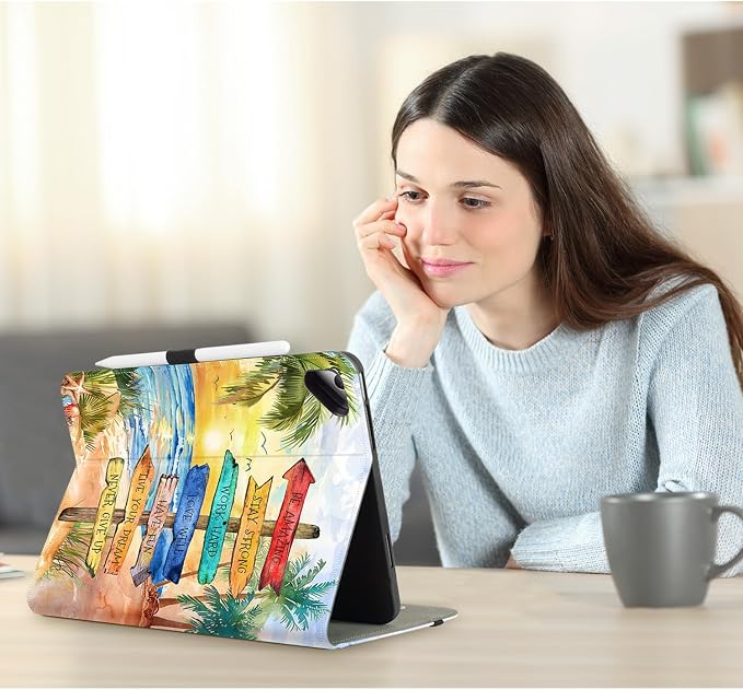 Vimorco for iPad 9th/8th/7th Generation Case 10.2-inch Pencil Holder/Pocket | for iPad Air 3rd Generation Case 10.5-inch for iPad Pro 10.5 Inch Cases Hand Strap Adjustable Angle Beach Path Scenery