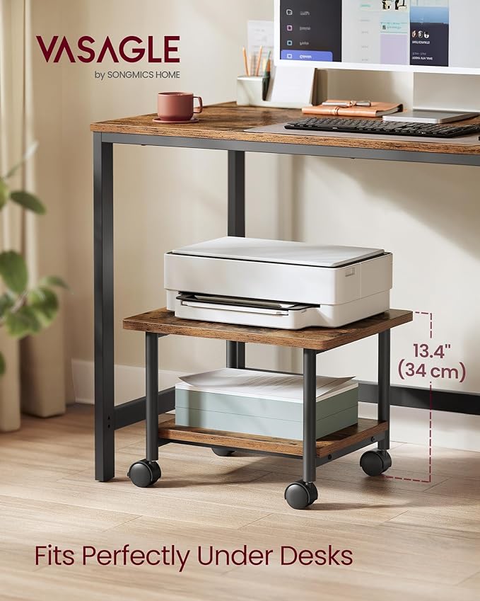 VASAGLE Heavy-Duty Printer Stand with Locking Wheels, 2-Tier Industrial Mobile Cart with Storage Shelf, Under Desk Printer Table for Home, Office, 13.4" Height, Rustic Brown and Black UOPS002B01