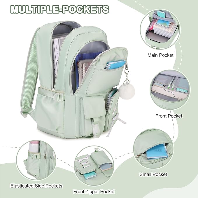 Backpacks for Girls, Girls Backpack with Lunch Box & Pencil Pouch for Teens Girl Kids Elementary Middle High School College Student Bookbag Daypack Laptop Travel Backpack for Women (Green)