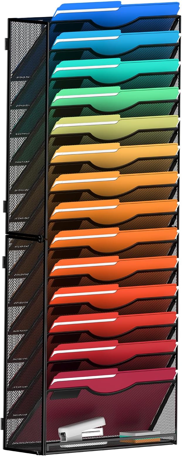 15 Tier Wall File Holder Hanging Wall File Organizer for Papers Mails Folders Document Magazine Organization, for Office School Home, Black