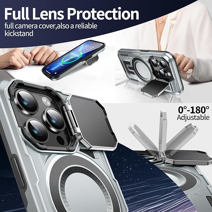 Camera Stand Case for iPhone 13 Pro Max, [Compatible with MagSafe] [Lens Cover] 2024 Version Military Grade Protective Soft Case for iPhone 13 Pro Max 6.7 inch Men Women, Grey