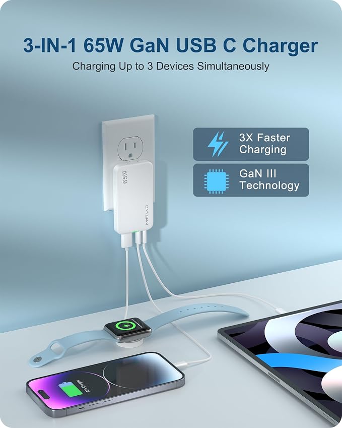 Flat USB Wall Charger 3 Ports Ultra-Slim Fast Wall Charger for Pixelbook iPad Pro iPhone 17/16/15/14 Black