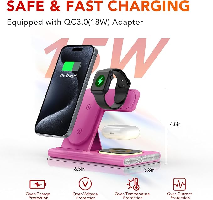 3 in 1 Foldable Wireless Fast Charging Station for Apple Multiple Devices | iPhone Charging Station for iPhone 17 Travel iWatch Charger Stand Light Nightstand Charging Dock for Apple Watch/Airpods