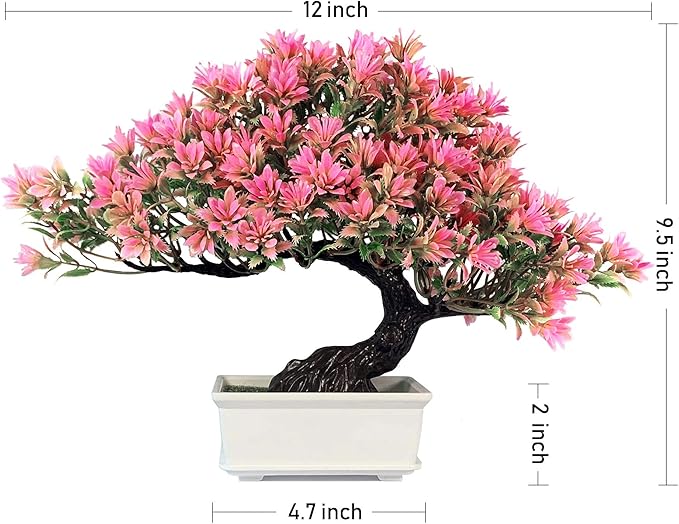 Artificial Bonsai Tree - Fake Plants for Home Decor, Bookshelf Coffee Table Office Desk Bathroom Farmhouse Indoor Decor, 9.5" Tall, Pink