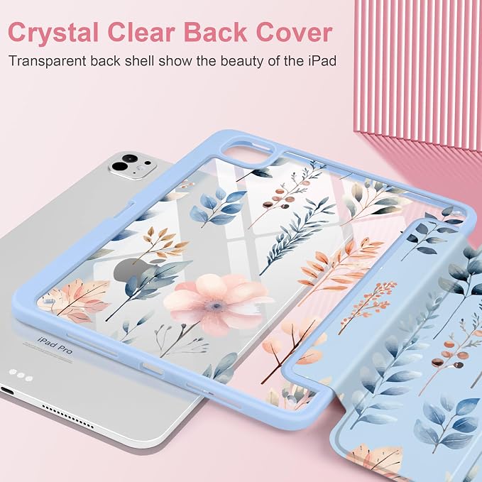 Case for iPad Pro 11 inch M5 2025 /M4 2024 Blue Ribbon Stripe | Blue Ribbon Stripe Folio Case with Clear Back Pencil Holder Trifold Stand and Auto Sleep/Wake for Preppy Aesthetic Users