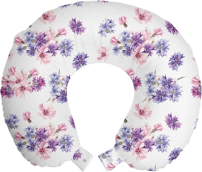 Ambesonne Watercolor Travel Pillow Neck Rest, Floral Pattern with Wedding Inspired Blossoming Nature Bridal Bouquet, Memory Foam Traveling Accessory for Airplane and Car, 12", Lavender Lilac