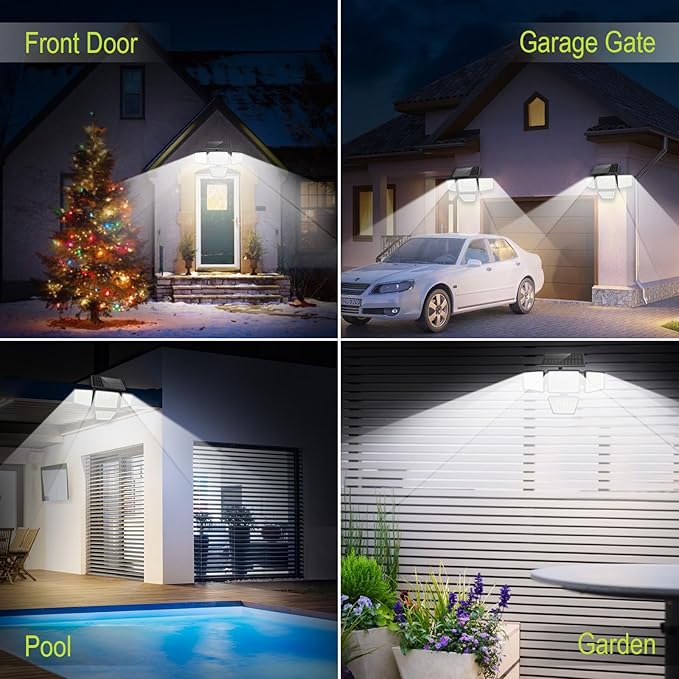 daphino 3000LM Solar Lights Outdoor with Motion Sensor,4 Head 270° Wide Angle Street Area Lights,IP65 Waterproof Security Lighting with 3 Modes(Remote,2 Pcs)