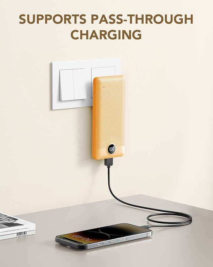 VRURC Portable Charger Power Bank Built-in Cables and AC Wall Plug | USB C Portable Bank 10000mAhTravel Essentials Phone Charger Compact External Battery Pack for Smart PhonesTablets-Black