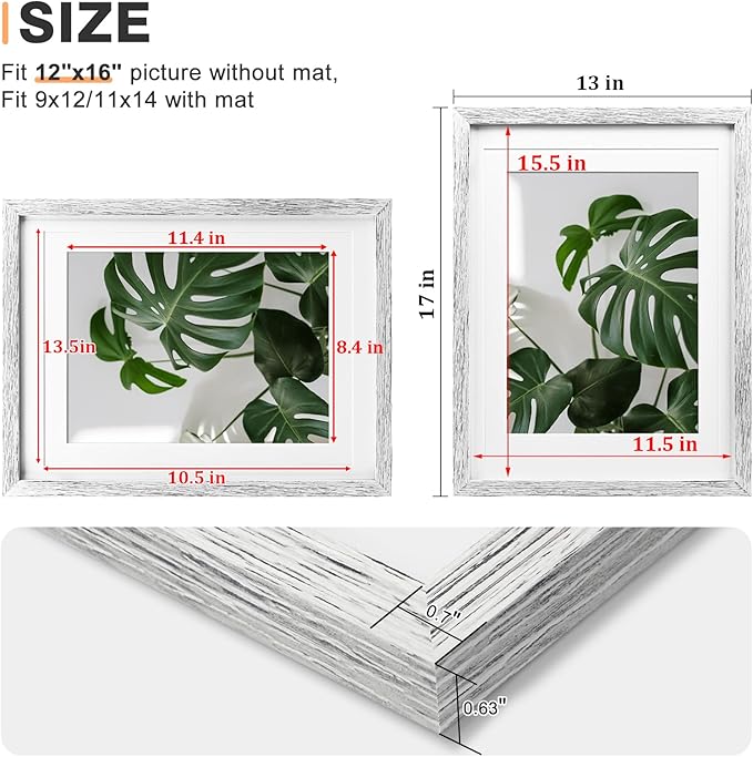 Egofine 12x16 Picture Frames Made of Solid Wood with Plexiglass, Display Pictures 9x12/11x14 with Mat or 12x16 Without Mat for Wall Mounting, Driftwood White