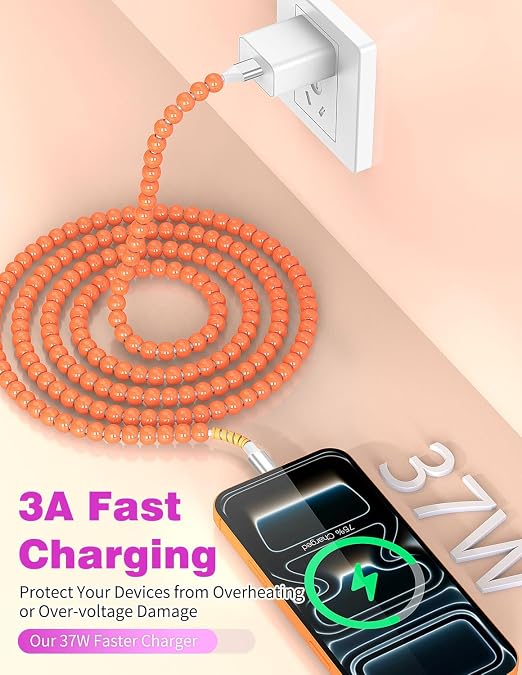 Jelanry 3FT USB-A to USB-C Fast Charging Cable Beaded &ampData Sync Women Girl | Cute kawaii beaded cable for iPhone 17/16/15 Samsung S26/S25/S24 Pixel iPad Fast charge for daily use office &amp tra