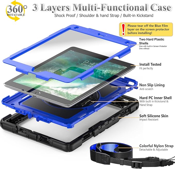 SEYMAC stock Case for iPad 6th / 5th Generation Case/Air 2 / Pro 9.7 inch Heavy Duty Protective with Screen Protector with Pencil Holder Hand Strap Shoulder Strap 360 Rotate Stand Black