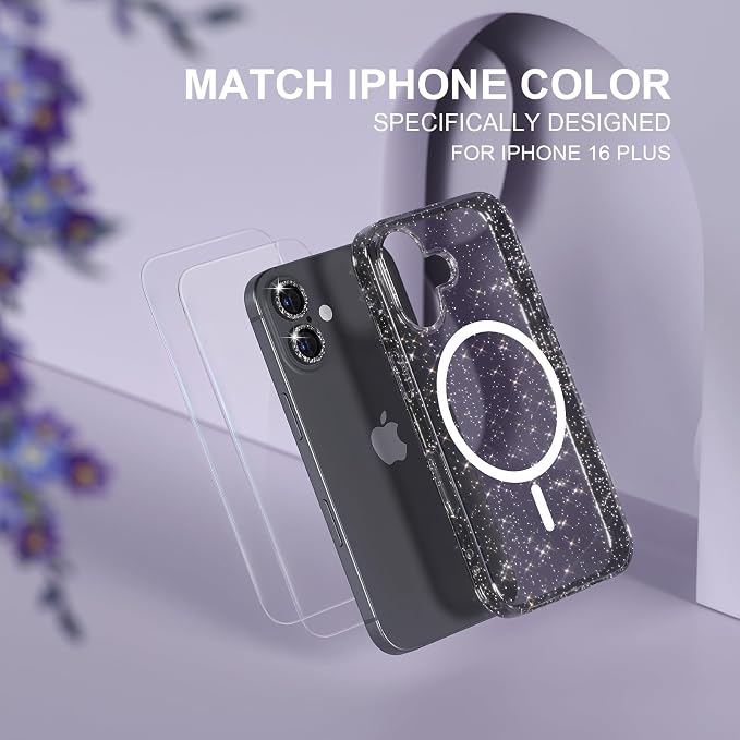 Choiche for iPhone 15 Pro Max Case Compatible with MagSafe Glitter Black | Women Girly Cute Glitter Sparkly Magnetic Phone Case with Diamond Camera Lens Protectors Military-Grade Drop Protection 6.7