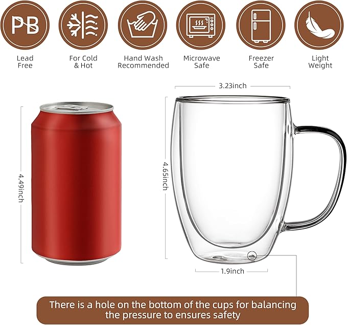 CNGLASS 6 Pack Double Walled Glass Coffee Mugs，12oz Clear Coffee Cups with Handle，Insulated Glass Espresso Mugs for Latte,Cappuccino,Tea