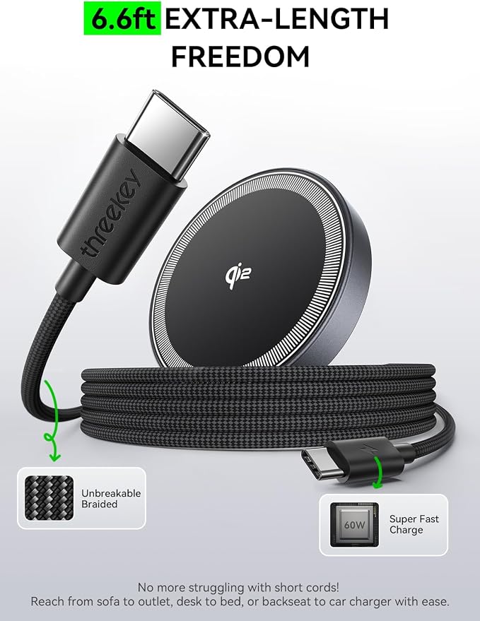 THREEKEY 15W Magnetic Wireless Charger Qi2 Wireless Phone Charger with 6.6ft Cable Fast Charging Pad for iPhone 17 Air 16 15 14 13 12 Pro Max Airpods(20W Adapter Included) 2 Pack