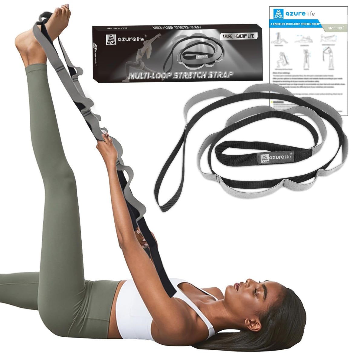 A AZURELIFE Half-Elastic Stretch Straps with 11 Loops, Stretching Strap for Physical Therapy, Multi-Loop Yoga Strap Fitness Exercise Strap for Yoga, Pilates, Dance, Flexibility&Exercise