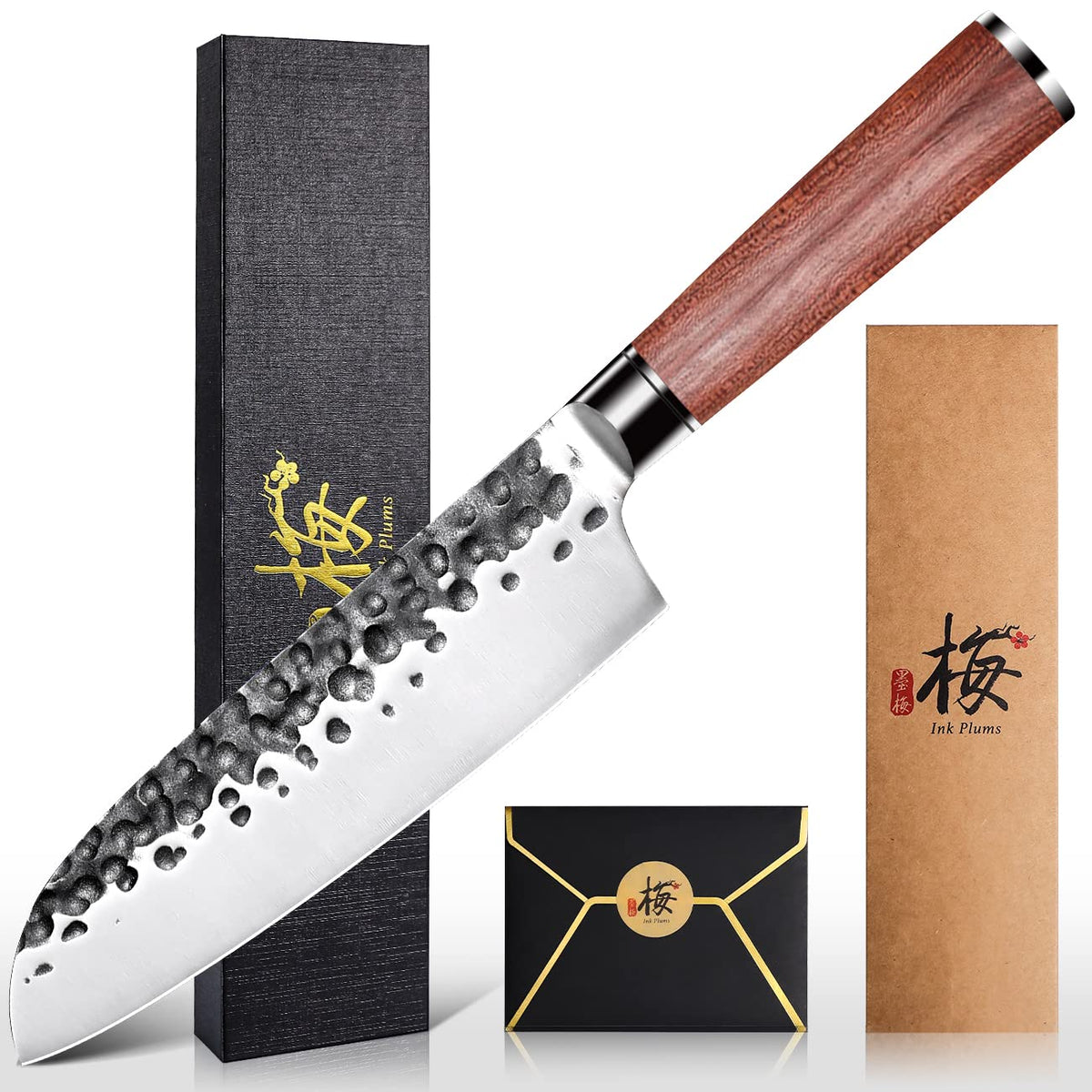 Ink Plums 8 inch Kitchen Chef's Knife, German High Carbon Stainless Steel Sharp Knife, Professional Meat Knife with Brazilian Rosewood Handle and Gift Box for Family & Restaurant