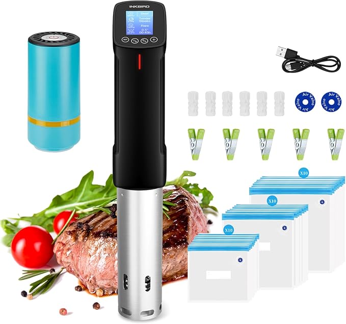 INKBIRD WIFI Sous Vide Cooker Bundle with 30 Sous Vide Bags and Pump,1000 Watts Sous Vide Starter Kits, Recipes on APP,1000W Sous-Vide Machine for Steak and Sous Vide Bags Package
