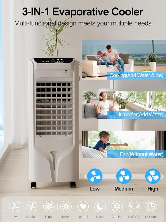 Landeagle 32" Swamp Cooler Air Conditioner,1800CFM Evaporative Coolers with 4.2 Gal Tank,110°Oscillation Portable Room with 12H Timer, Cooling Fans that Blow Cold Air for Bedroom Indoor, White
