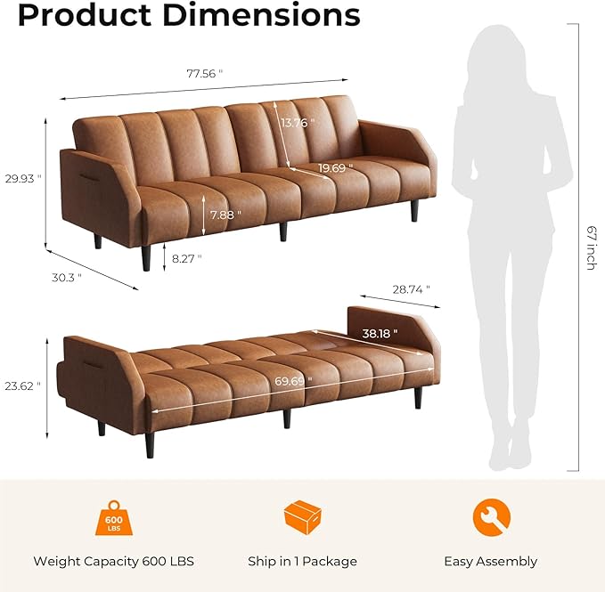 Fadware Faux Leather Couch, Convertible Futon Sofa Bed with Adjustable Backrest, Mid Century Leather Sofa Loveseat with Side Pockets& Metal Leg, Modern Leather Sleeper Sofa for Living Room Bedroom