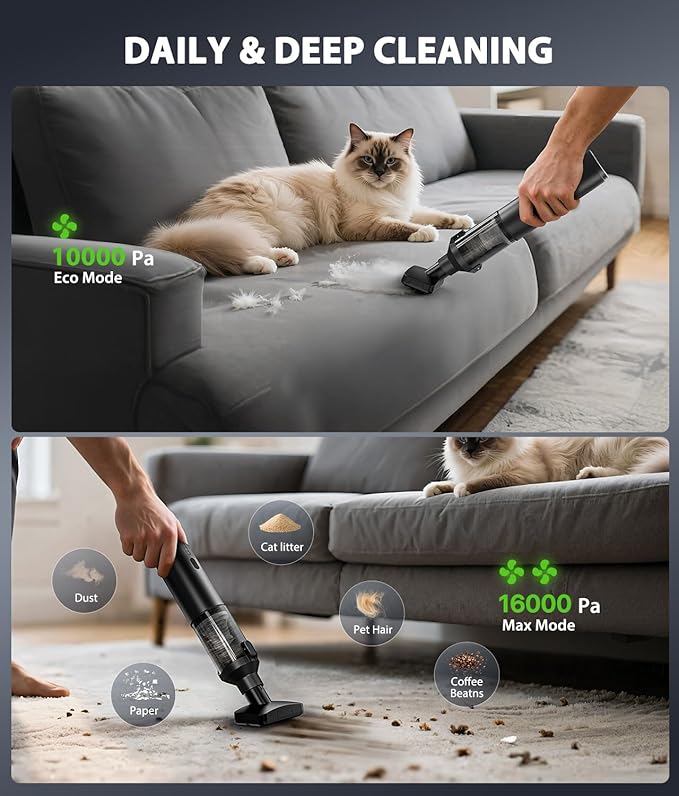 Car Vacuum Portable Cordless Handheld Vacuum Cleaner 4-in-1 Mini Cordless Vacuum with 2 Suction Modes and 16800pa Suction Power Blowing & Inflating 2 Modes Handheld Vacuum for Car, Desk, Keyboards