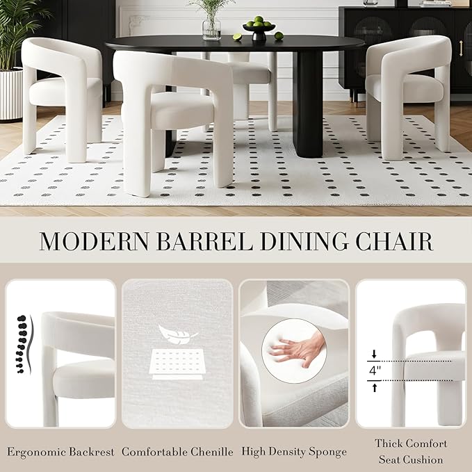 Modern Chenille Dining Chairs Set of 4, Upholstered Barrel Chairs with Arms Comfy Accent Side Chairs for Living Room/Dining Room/Reception, Beige