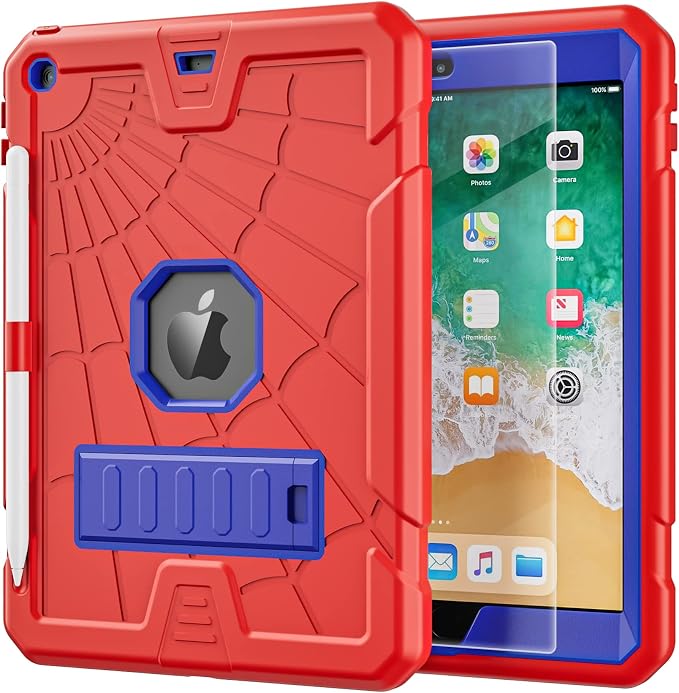 TSQQST iPad 9.7 Case 6th/5th Gen 2017 2018 for Kids Boys Girls | Tempered Glass Screen Protector Pencil Holder &amp Stand Heavy Duty Shockproof Rugged Protective Red+Blue