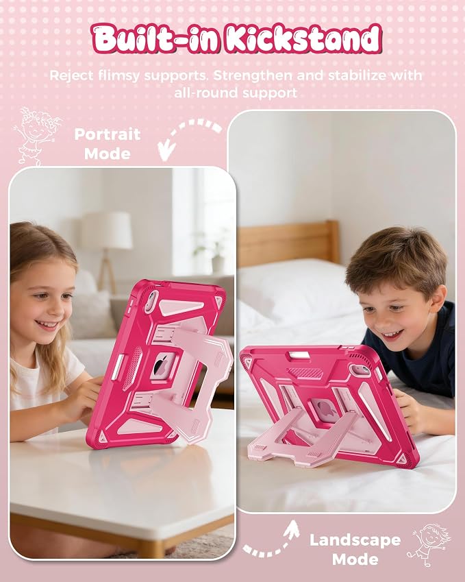 INFILAND Kids Case for iPad A16 11th Generation 11 Inch (2025) iPad 10th Generation 10.9 Inch (2022) Heavy Duty Rugged Shockproof Protective Cover with Dual-Support Folding Kickstand (Black)