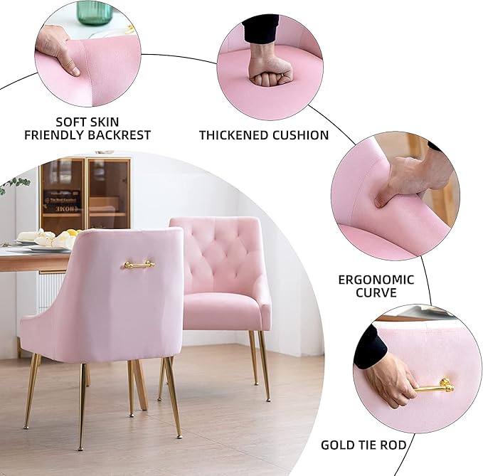 Modern Dining Chairs Set of 6, Mid Century Chairs with 5.12” Cushions and Golden Legs, Velvet Upholstered Dining Chairs with Back Pull Rod, for Kitchen, Living Room, Pink