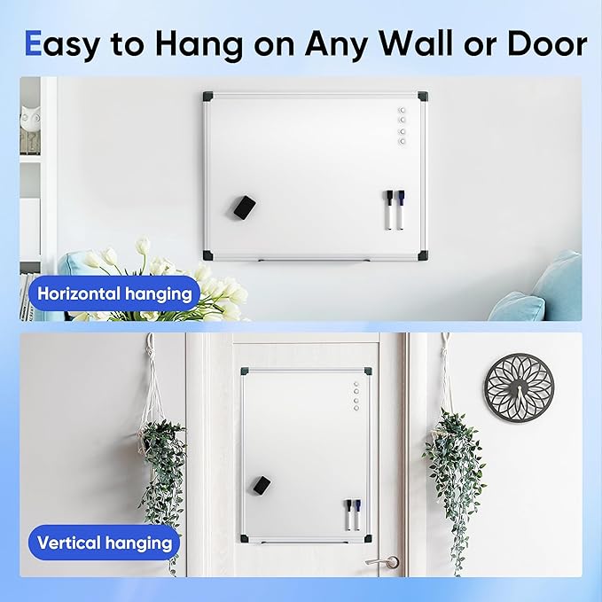 VUSIGN 24" x 18" Magnetic Whiteboard for Wall, Dry Erase Board with Silver Frame, Hanging White Board for Office, Home, School - Includes 1 Eraser, 2 Multicolor Markers & 4 Magnets
