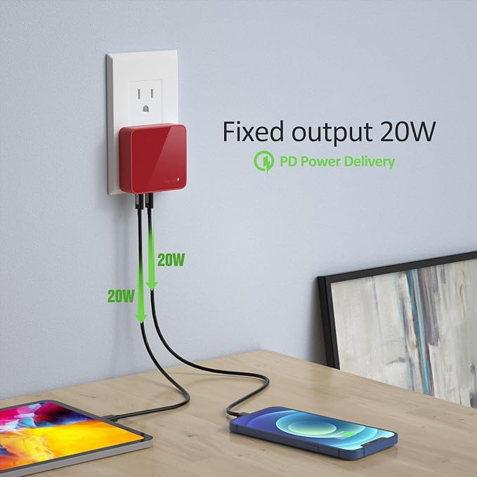 Nekmit USB C Charger Fast Thin Flat 52W 4-Port Wall Charger with Two 20W Power Delivery and 2 USB Port for iPhone 14/14 Pro/14 Pro Max Galaxy Pixel iPad Pro AirPods Pro and More Upgraded
