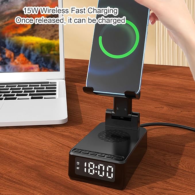 Diyeeni Alarm Clock Speaker Wireless Charger with 15W Fast Charging and Bluetooth Speaker for Phone