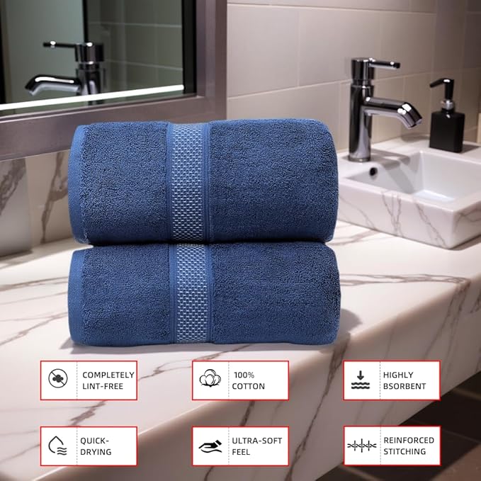 Super Absorbent Quick Drying | Hotel Grade Extra Large Bath Towels, 2-Piece Set, Bathroom Luxury Soft Towels-650GSM Cotton Luxury Beach Bath Towel 80x160cm (31.5x63 inches) (Dark Blue)