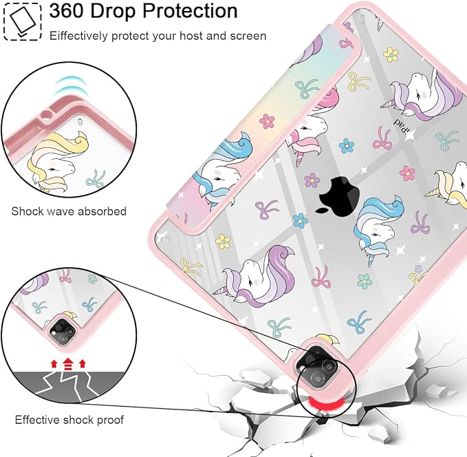 Case for iPad 12.9 Inch (6th/5th/4th/3rd Generation 2022/2021/2020/2018) Pencel Holder + Trifold Support Auto Sleep/Wake Transparent Shockproof Back Cover Abstract Floral SD163