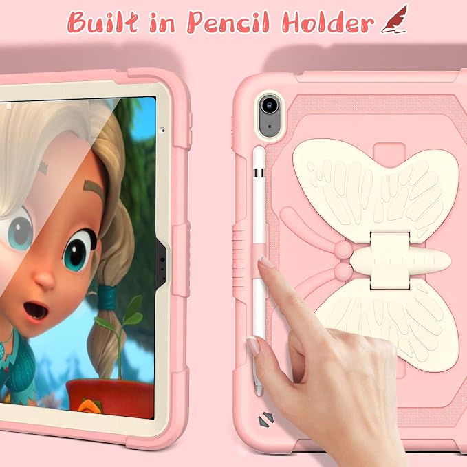 Ambison Kids Case for iPad A16 11th/10th Generation 11''/10.9'' Multicolor | 9H Tempered Glass Screen Protector Butterfly Stand Shoulder Strap Heavy DutyShockproof Pencil Holder