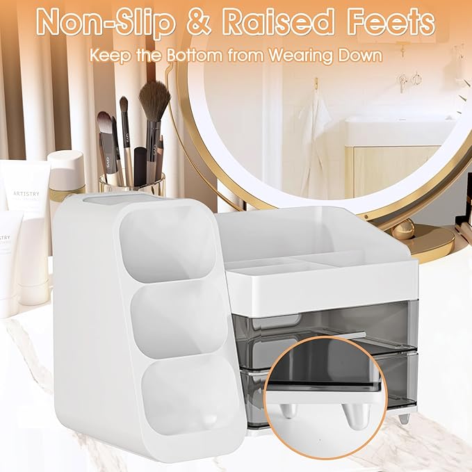 Makeup Organizer with Drawers for Vanity, Countertop Brush Holder, Counter Skincare Cosmetic Display Case Storage Box for Beauty Essentials, Women Make up Storage Solution for Bathroom Dresser Desk