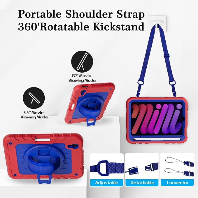for iPad mini 7 A17 Pro/iPad mini 6 8.3 Inch Case iPad mini 7th/6th Generation Case (2024/2021) with Pencil Holder/Kickstand Hand Strap/Shoulder Strap Black