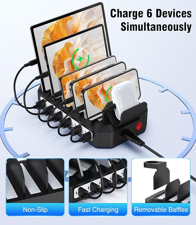 [2025 Upgraded] 6 IN 1 Fast Charging Station for Multiple Device【Durable & Safe Charging】6 Ports Charging Dock Organizer with 6 Cables & 2 Stands for Cellphone/Tablet/Kindle/iWatch & Other Electronic