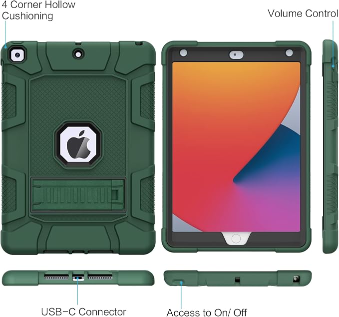 Azzsy Case for iPad 9th Generation/iPad 8th Generation/iPad 7th Generation (10.2 Inch 2021/2020/2019 Model) Heavy Duty Shockproof Rugged Protective Case for iPad 10.2 inch Alpine Green
