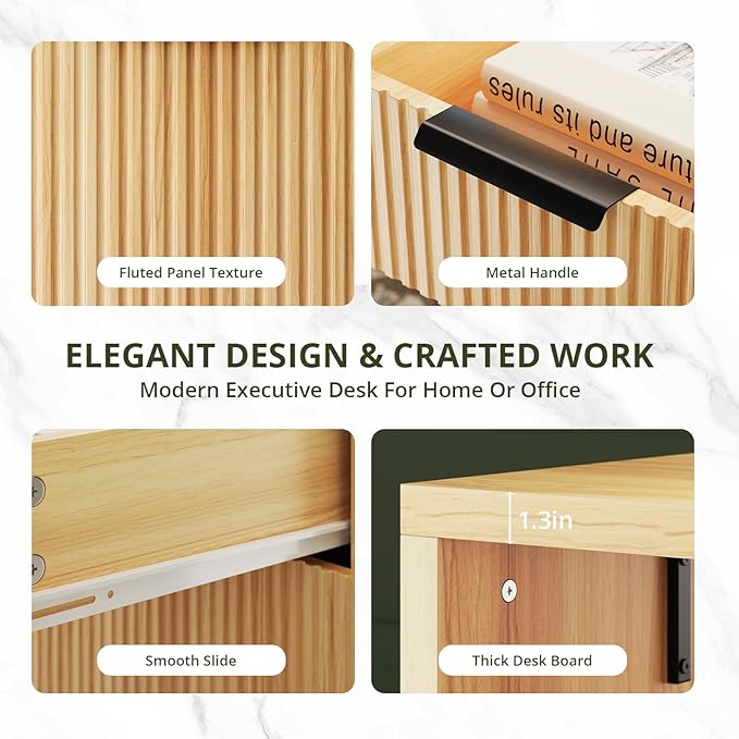 FURSUN 58" Modern Executive Desk with Storage, Home Office Desk with Drawer & Cabinet, Wooden Fluted Desk for Study, Living Room, Bedroom, Natural Oak