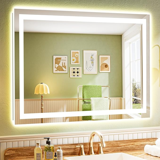 YEELAIT 50x36 Inch LED Bathroom Mirror with Lights Front and Backlit Lighted Vanity Mirror for Bathroom Wall with 3 Colors Dimmable Anti-Fog Memory Shatter-Proof IP54 Waterproof Horizontal/Vertical