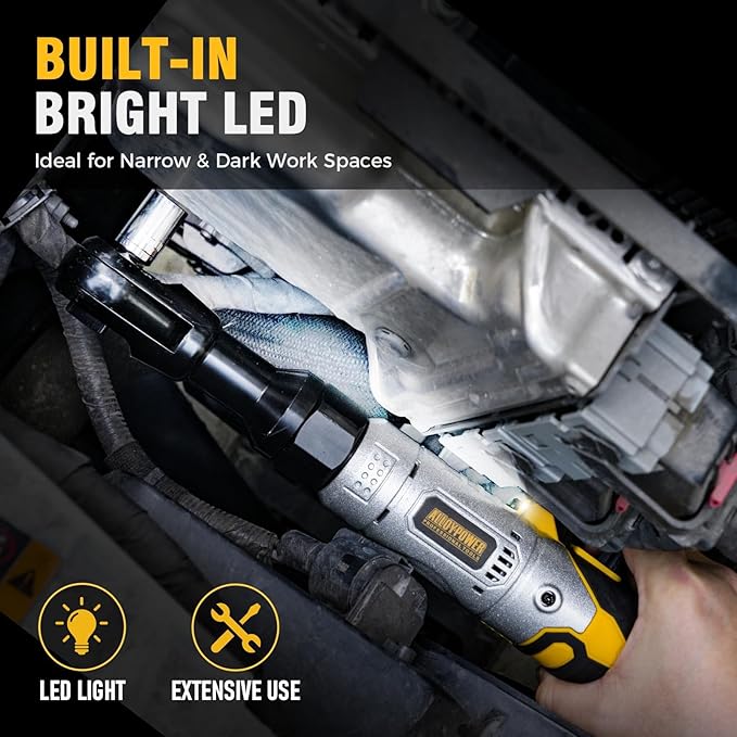 3/8" Cordless Ratchet Wrench Set, 60FT-LBS(80N.m) Electric Ratchet, 12V Extended Power Ratchet Wrench Set with Variable Speed, 6 Sockets, LED Light, 1/4" Adapter,1/2" Adapter,2 Batteries