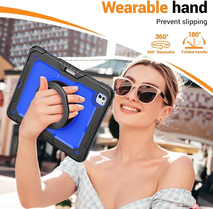 for iPad Pro 11 inch Protective Case M5 2025/M4 2024: Heavy Duty Shockproof Case with Pencil Holder - 360°Rotating Handle/Stand - Screen Protector - Shoulder Strap Black/Sky Blue
