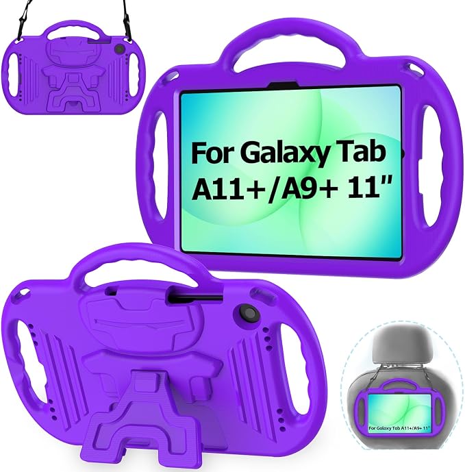 Kids Case for Samsung Galaxy Tab A11+ Plus/A9+ Plus 11 Inch Case with Strap Shockproof Lightweight Handle Stand 2025/2023 Model with Lanyard Black