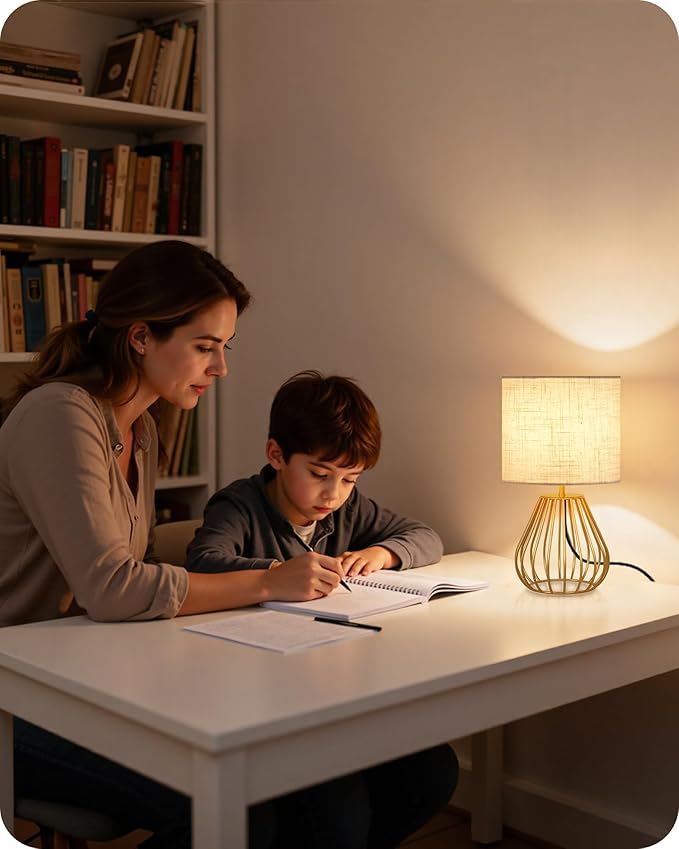 Gold Bedside Table Lamp, 12.6'' Small Table Lamp with Beige Linen Lampshade & Gold Teardrop Cage, Modern Little Cute Desk Lamp for Bedroom, Living Room, 2700K LED Bulb Included DE06TL05