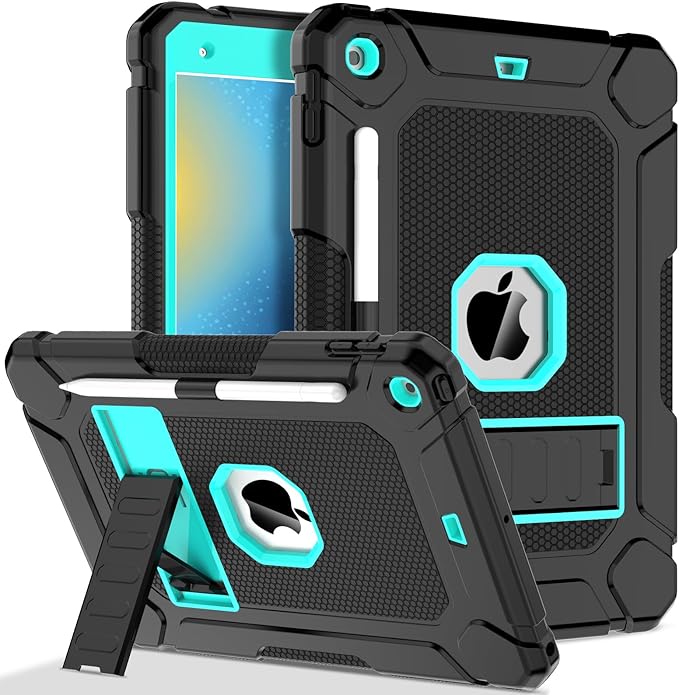 LTROP Case for iPad 10.2-Inch 9th/ 8th/ 7th Generation (2021/2020/ 2019) with Pencil Holder &amp Kickstand Hybrid Shockproof Rugged Protective Case for iPad 9/8/ 7 Gen 10.2 Purple and Green